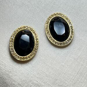 JUDY LEE VINTAGE 1950s Faux Gold Diamond & Black Facet Stone Oval Clip Earrings